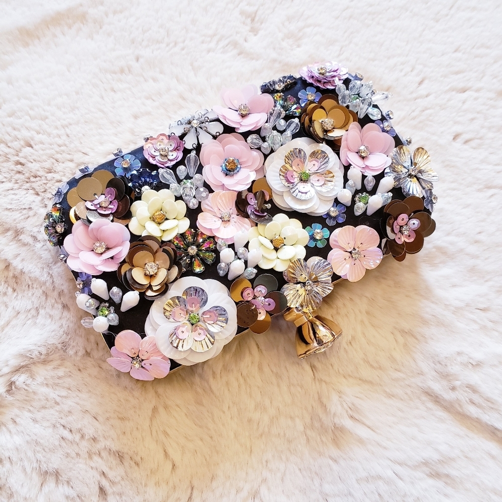 Women's Evening Bag Flower Party Prom Clutch Purse Floral Bride Black Handbag - Picture 8 of 16